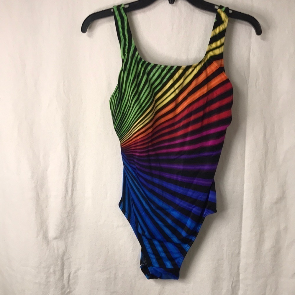 ROBBY Len Women’s Swimsuit Size 12 Rainbow Multi Color stripe Structured cup EUC